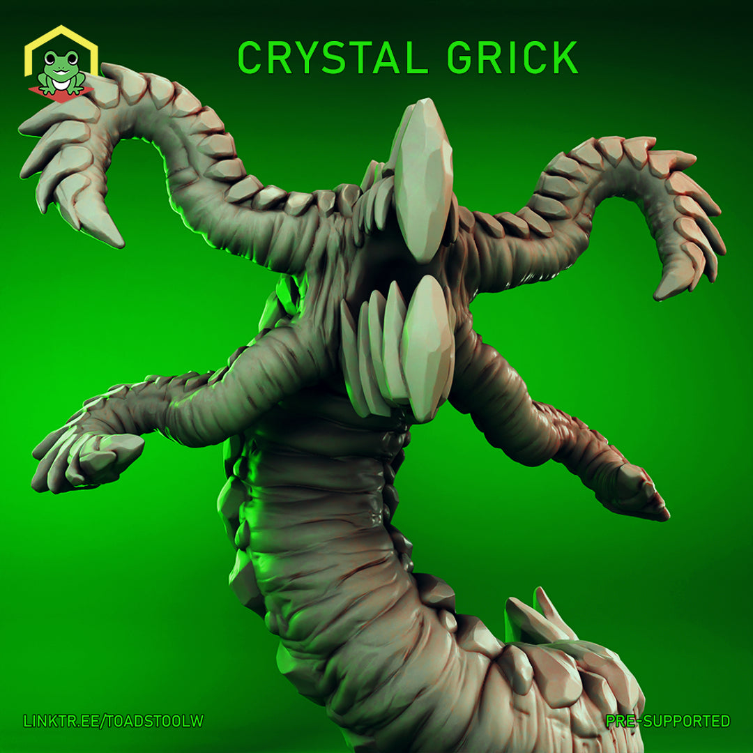 Digital render of the Crystal Grick miniature by The Toadstool Weaver — an unpainted grey resin sculpt of a worm-bodied aberration with four grasping tentacle-arms tipped with hooked claws, a wide maw ringed with smooth crystal facets, and large gemstone shards erupting from its segmented body, shown rearing upright against a vivid green background at 32mm scale