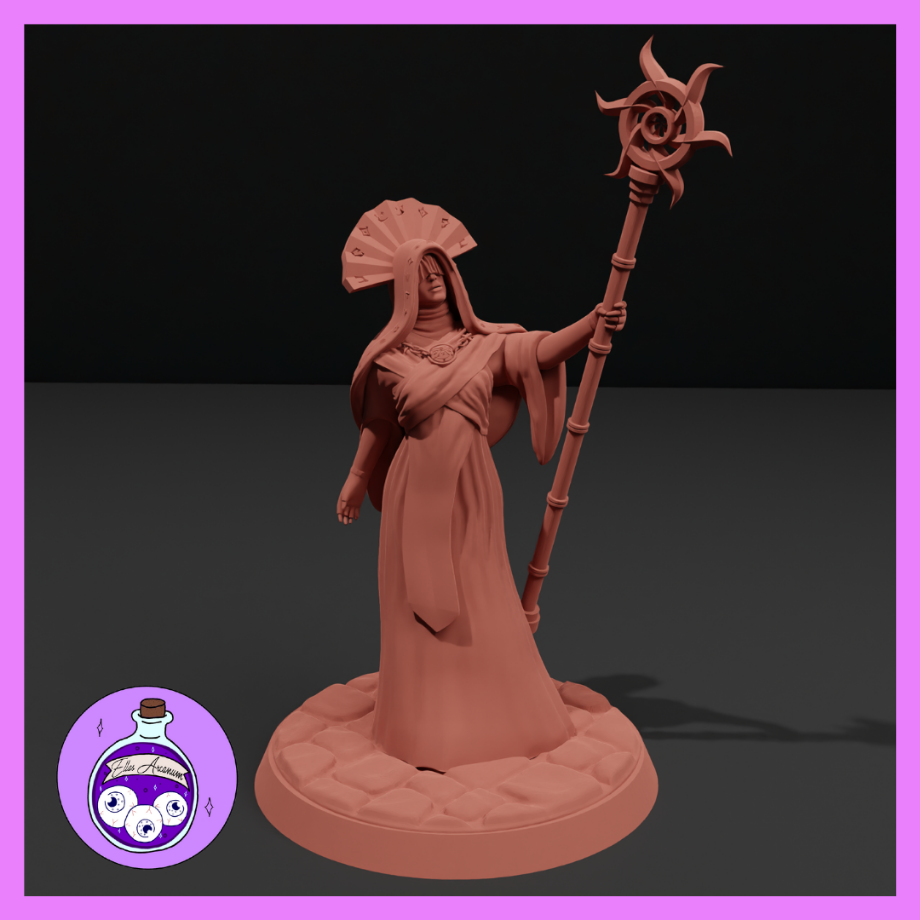 Unpainted resin render of the Cultist Priestess miniature by Ella's Arcanum Minis, shown in terracotta-toned resin. The figure wears long flowing ceremonial robes and a structured angular fan headdress. She holds a tall staff aloft in her right hand, topped with a multi-pointed chaos star. Her left hand rests at her side. She stands on a cobblestone-style integrated base. 32mm scale.