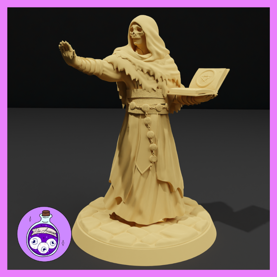Unpainted resin miniature of a skeletal Cultist Ritual Master in tattered hooded robes, one hand raised in dark invocation and the other holding an open tome marked with a pentagram, 32mm scale, digital render