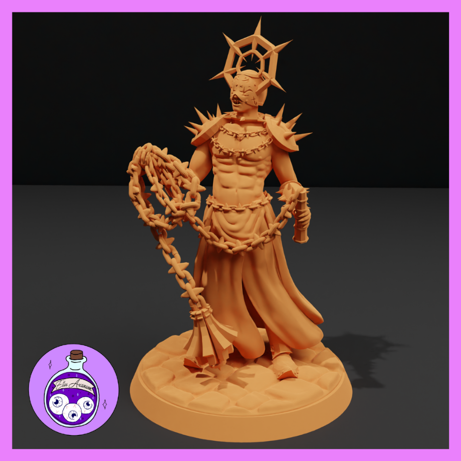 Unpainted orange resin render of the Cultist Tormentor miniature by Ella's Arcanum Minis — a muscular male figure wearing spiked pauldrons, a barbed chain necklace, and a jagged starburst crown, holding a massive looping barbed chain in both hands, with flowing lower robes and a scenic rubble base, shown at 32mm scale