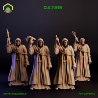 Digital render of four unpainted resin cultist miniatures at 32mm scale — hooded skeletal figures in flowing robes, each holding a different ritual implement: a gnarled staff, a serpent, a ceremonial dagger, and a claw-tipped sceptre. All four face forward against a dark background.
