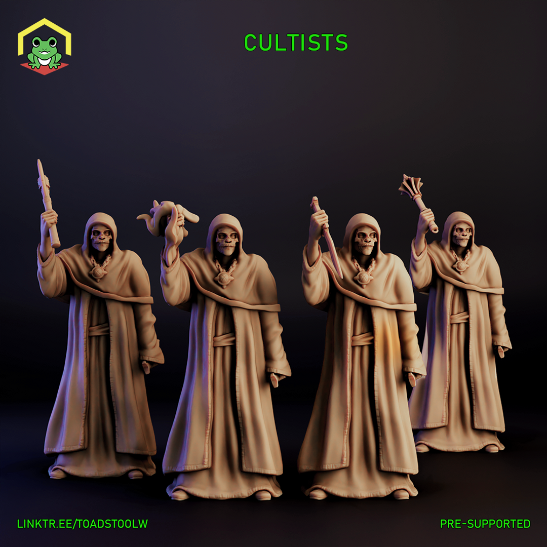 Digital render of four unpainted resin cultist miniatures at 32mm scale — hooded skeletal figures in flowing robes, each holding a different ritual implement: a gnarled staff, a serpent, a ceremonial dagger, and a claw-tipped sceptre. All four face forward against a dark background.