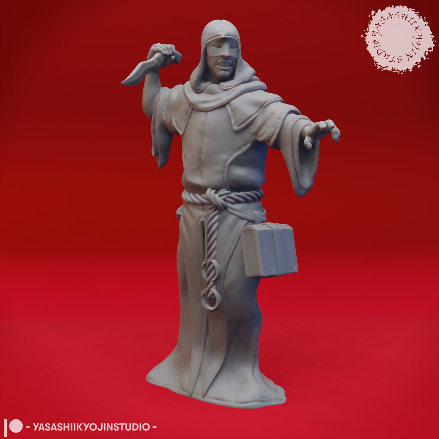 Front view of an unpainted grey resin Cultist 01 miniature at 32mm scale — a hooded robed man raising a dagger in his right hand, left hand outstretched, with a rectangular case hanging from a rope belt at his waist