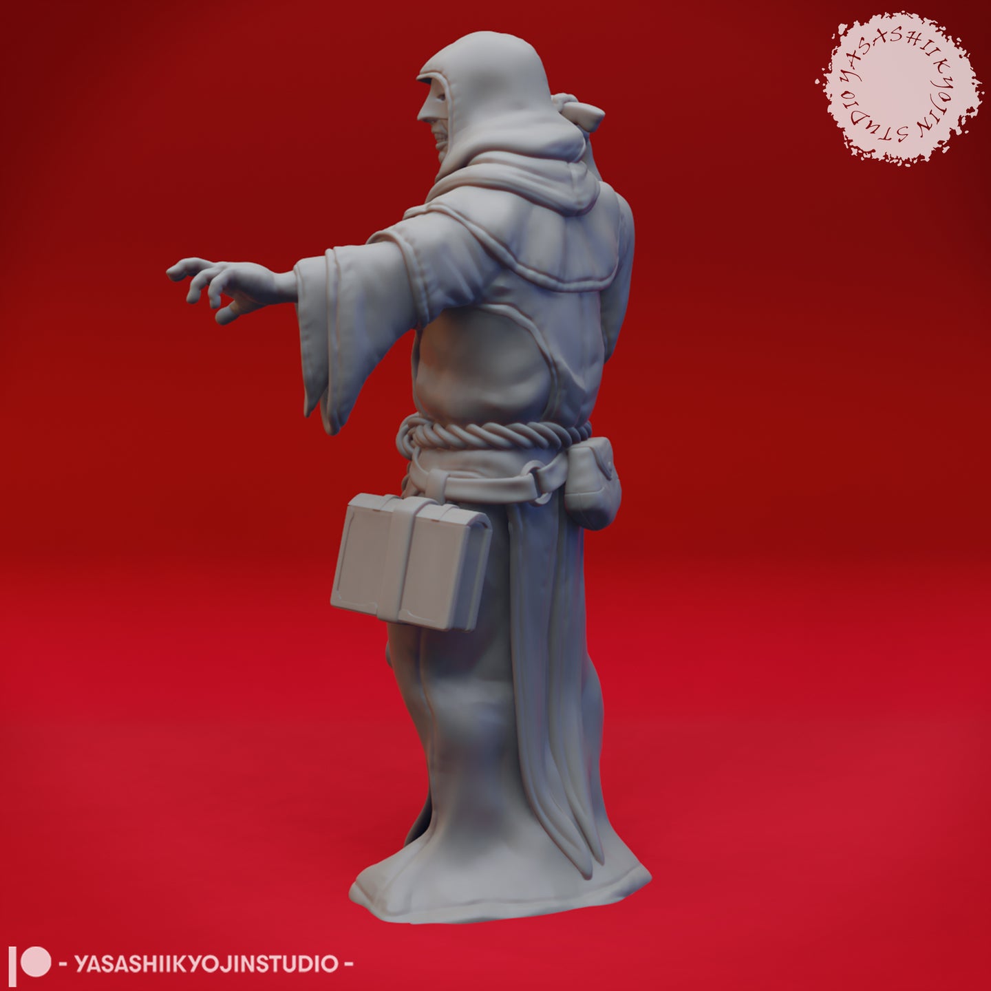 Side view of the Cultist 01 resin miniature showing the rectangular case at his hip, small pouches on his belt, flowing robes, and a grinning expression visible beneath the deep hood