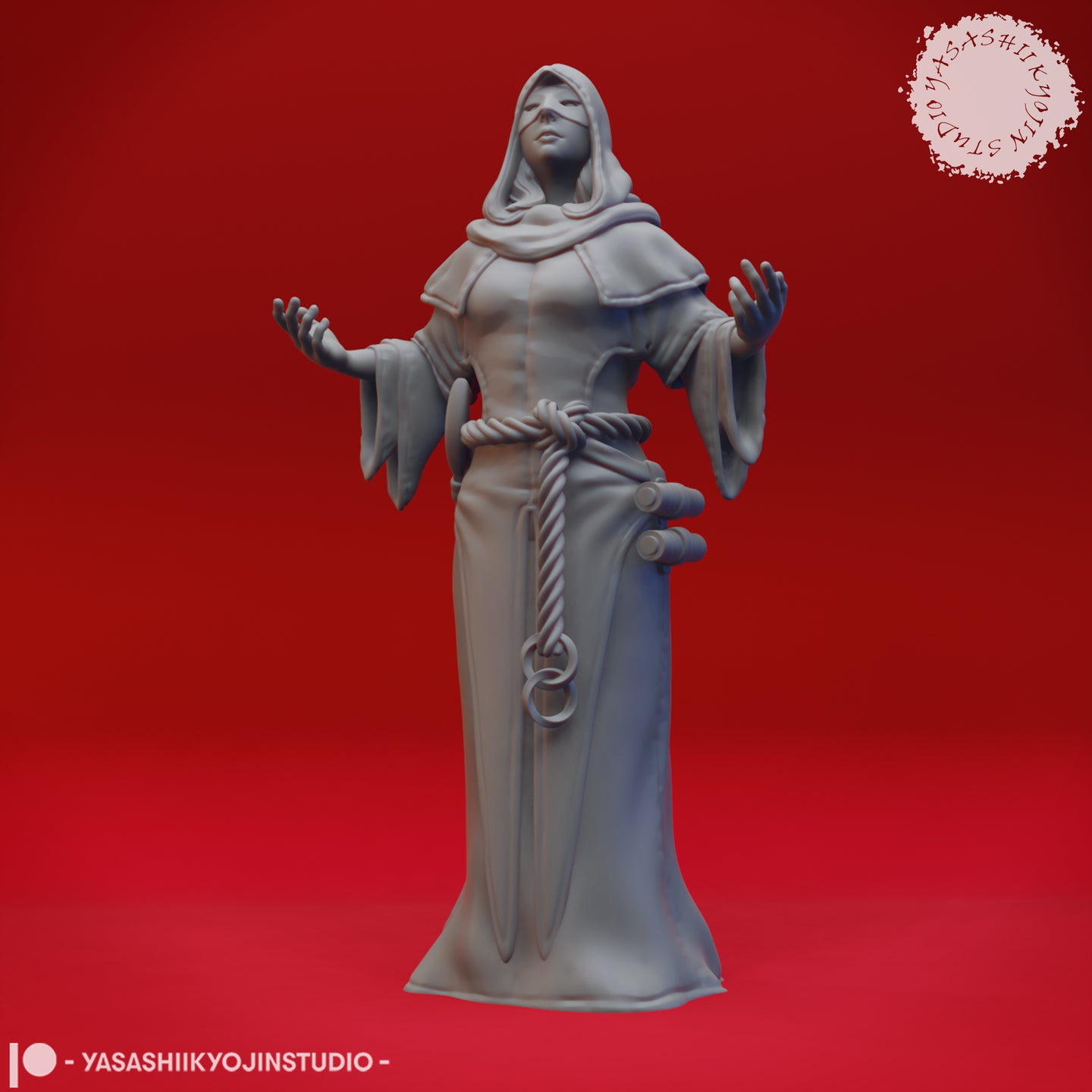 Front view of Cultist 02 — an unpainted grey resin digital render of a hooded, blindfolded female cultist in layered ceremonial robes, hands outstretched in a ritual pose, with a rope belt, iron ring, scroll case, and sheathed blade at her hip