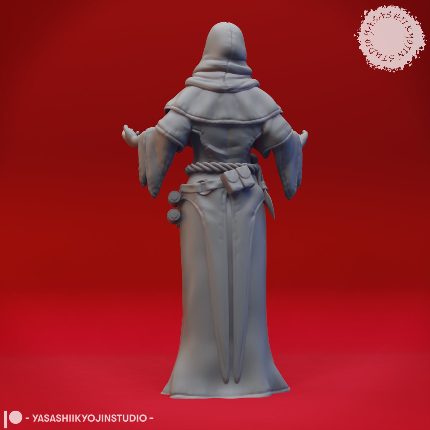 Rear view of Cultist 02 — unpainted grey resin digital render showing the back of the hooded female cultist, detailing the layered cape, rope belt with pouch and scroll case, and the flowing floor-length robes
