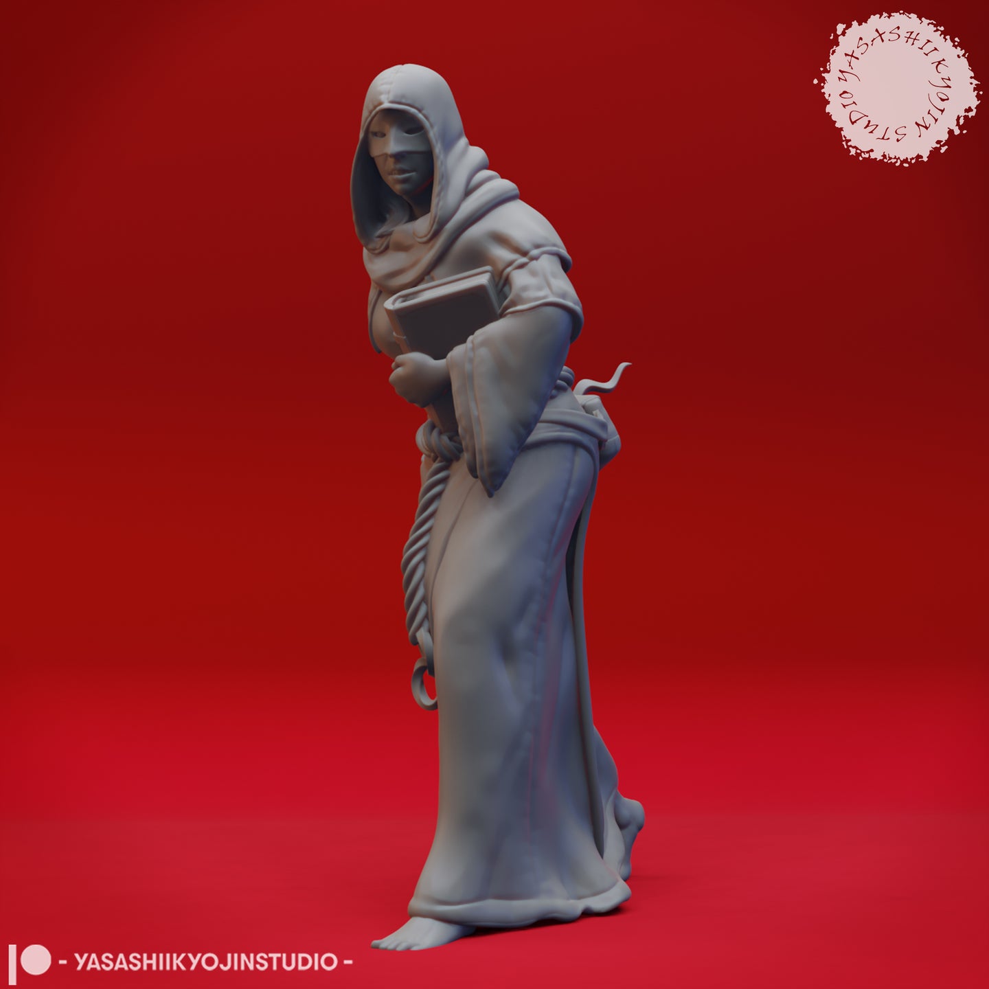 Front view of an unpainted grey resin miniature of a hooded female cultist, wearing a half-mask and flowing robes, clutching a thick tome to her chest with a rope belt at her waist — digital render by Yasashii Kyojin Studio