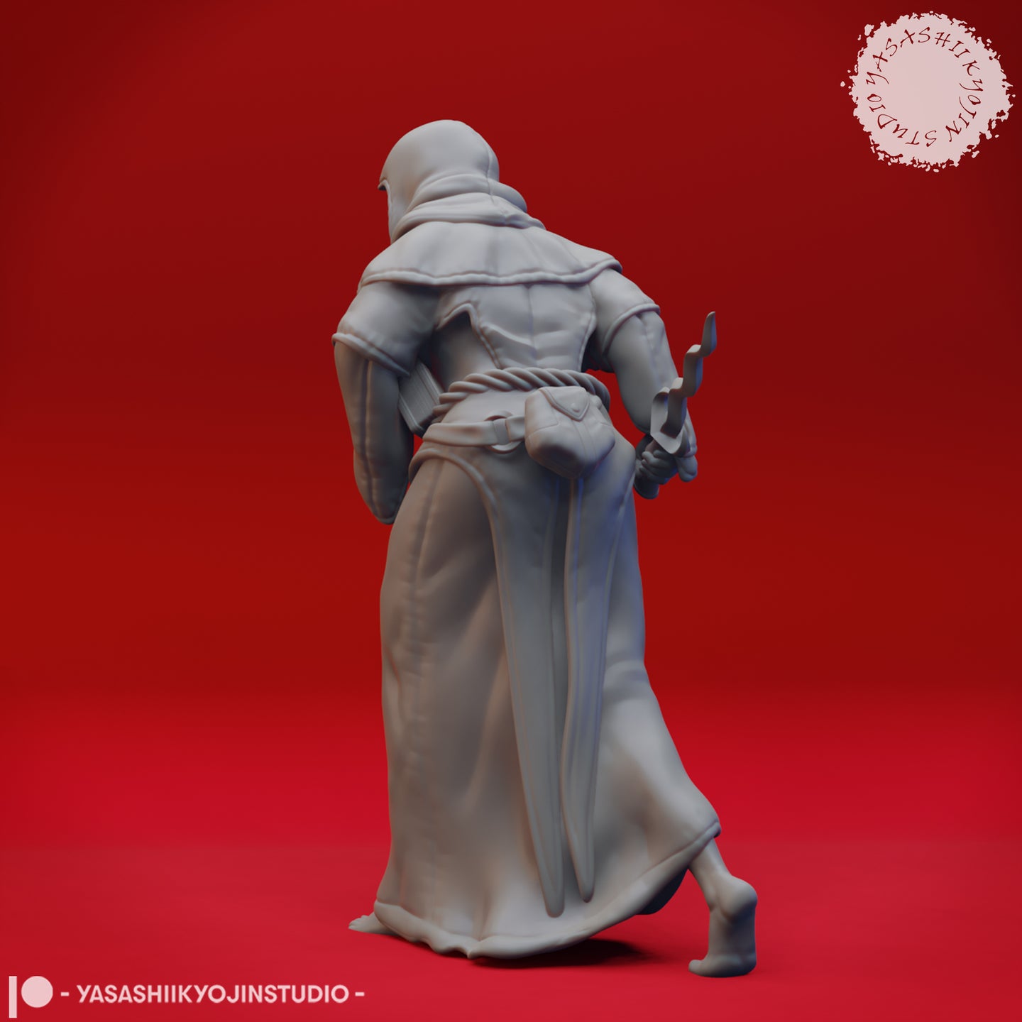 Rear view of the same unpainted grey resin cultist miniature, showing leather armour detailing on her back, a belt pouch, and a curved blade held low and ready in her right hand — digital render by Yasashii Kyojin Studio
