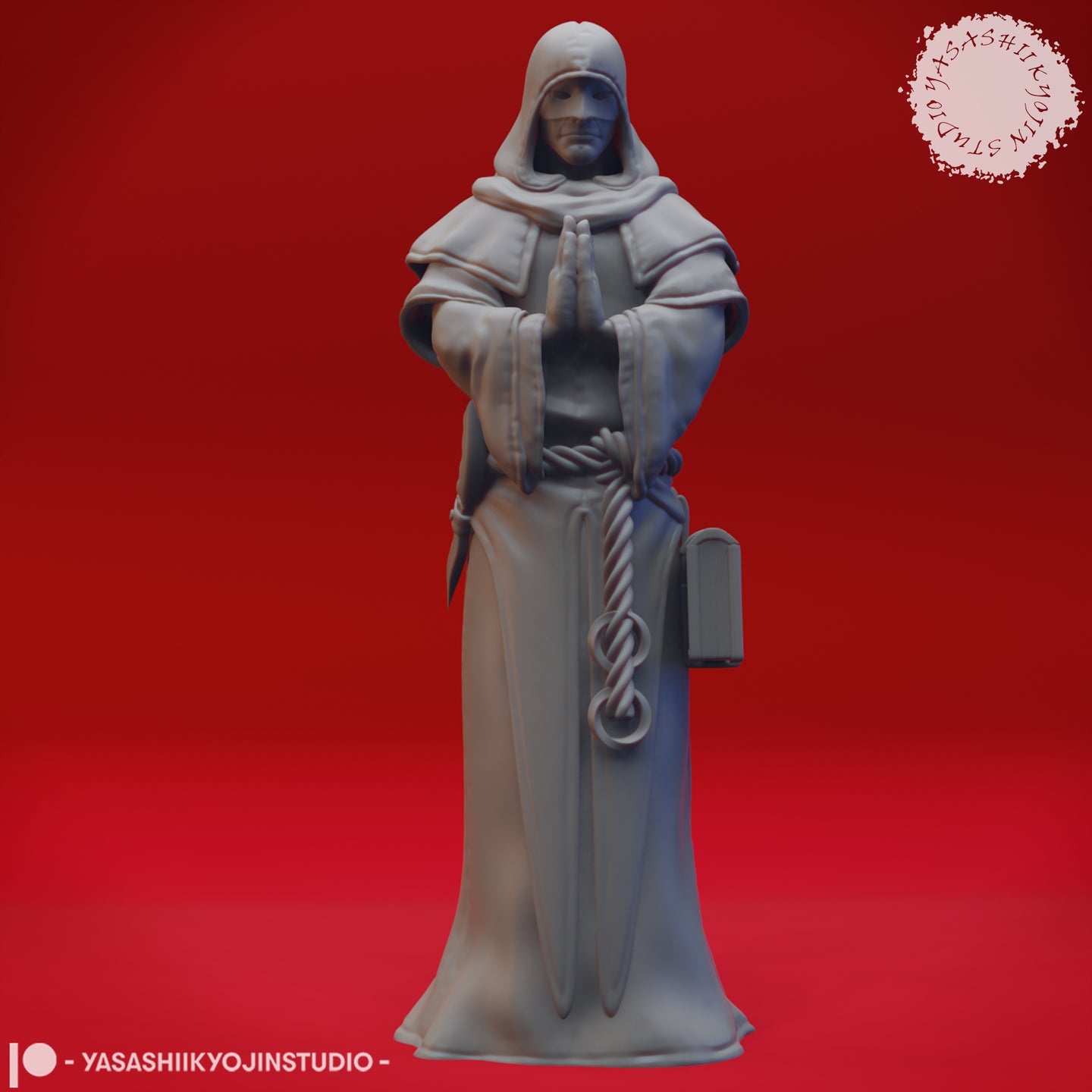Front view of an unpainted grey resin miniature of a hooded cultist in layered robes, hands pressed together in prayer, with a short blade at his hip, a rope belt, and a tome and lantern hanging at his side — 32mm scale D&D miniature by Yasashii Kyojin Studio