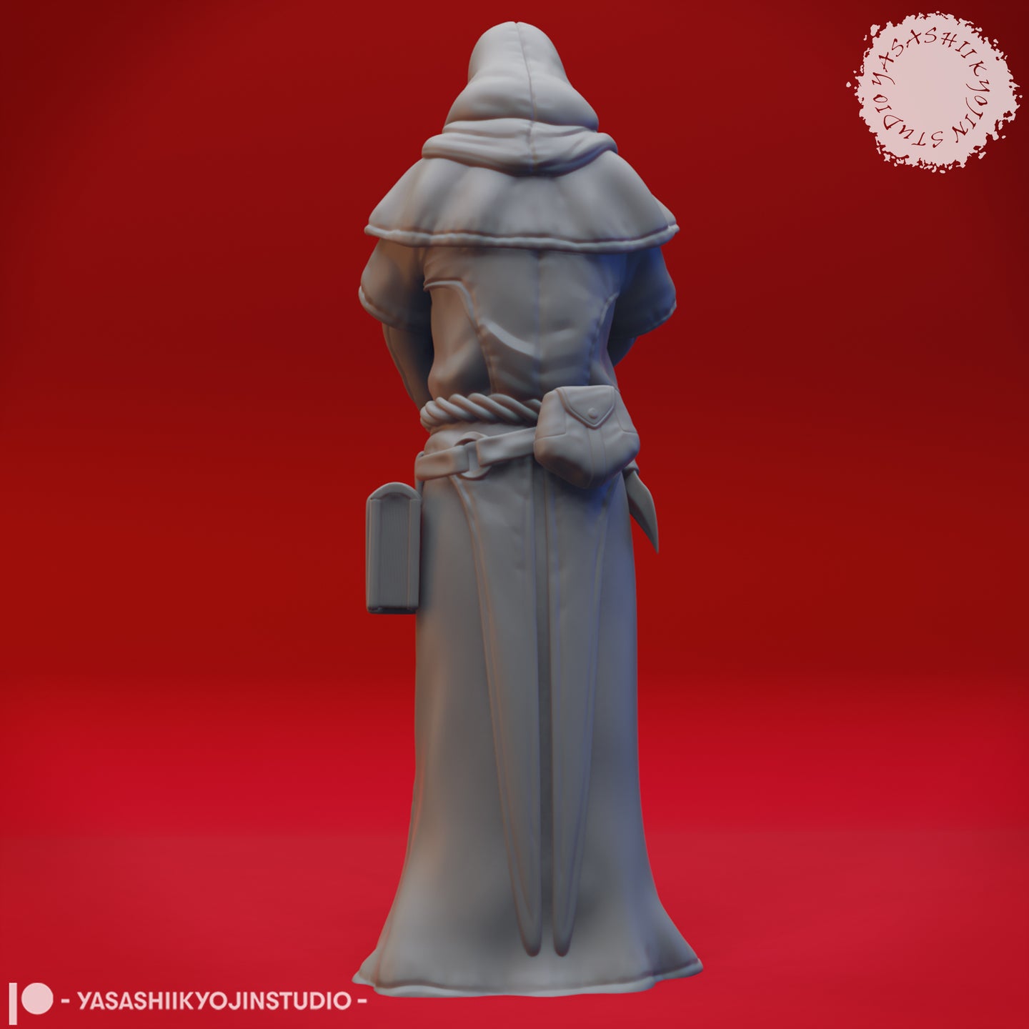 Rear view of the same unpainted grey resin hooded cultist miniature, showing layered cape detail, rope belt, small satchel at the lower back, and a short blade visible at the hip — 32mm scale TTRPG miniature by Yasashii Kyojin Studio
