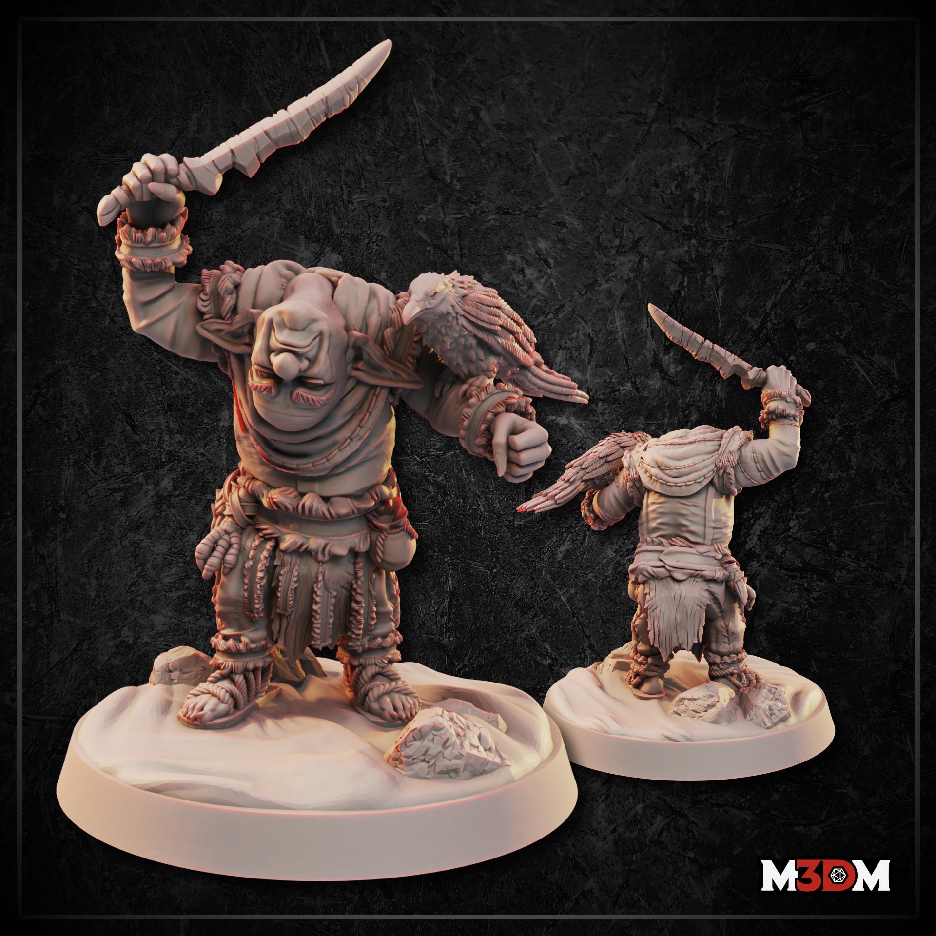 Squat goblin raising a rough-hewn sword overhead, a large raven gripping its other fist, wearing rope-bound robes and a layered leather skirt, on a stone-scattered base. Sculpt by Mia Kay M3DM.