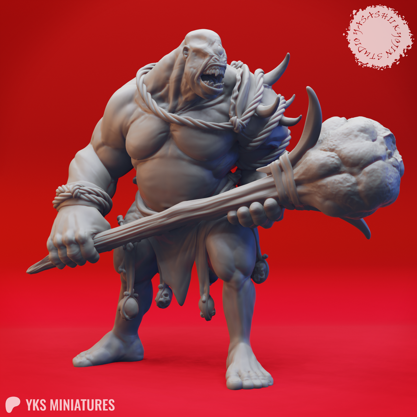 Front view of an unpainted grey resin cyclops miniature — a massive muscular humanoid with a single eye, wide-open roaring mouth, rope bindings on wrists and chest, a spiked stone maul held low at the ready, and trophy skulls hanging from a rope belt. Digital render by Yasashii Kyojin Studios.