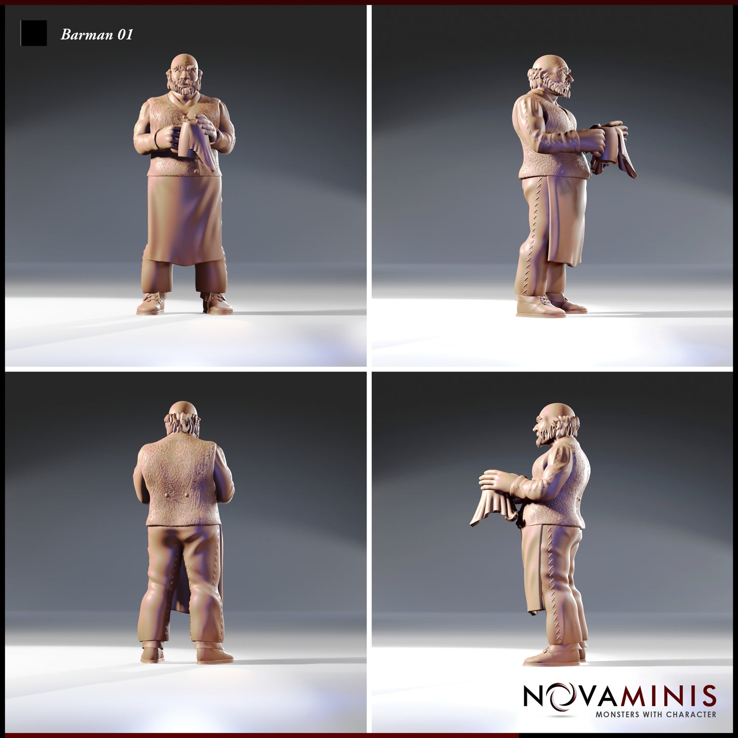 Four-angle digital render of Barman 01 by Novaminis showing front, side, rear, and opposite side views — unpainted resin miniature of a stout bald tavern barman in apron and waistcoat with detailed stitching and woven texture throughout