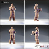 Four-angle digital render of Barman 01 by Novaminis showing front, side, rear, and opposite side views — unpainted resin miniature of a stout bald tavern barman in apron and waistcoat with detailed stitching and woven texture throughout
