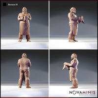Four-angle digital render of Barman 01 by Novaminis showing front, side, rear, and opposite side views — unpainted resin miniature of a stout bald tavern barman in apron and waistcoat with detailed stitching and woven texture throughout