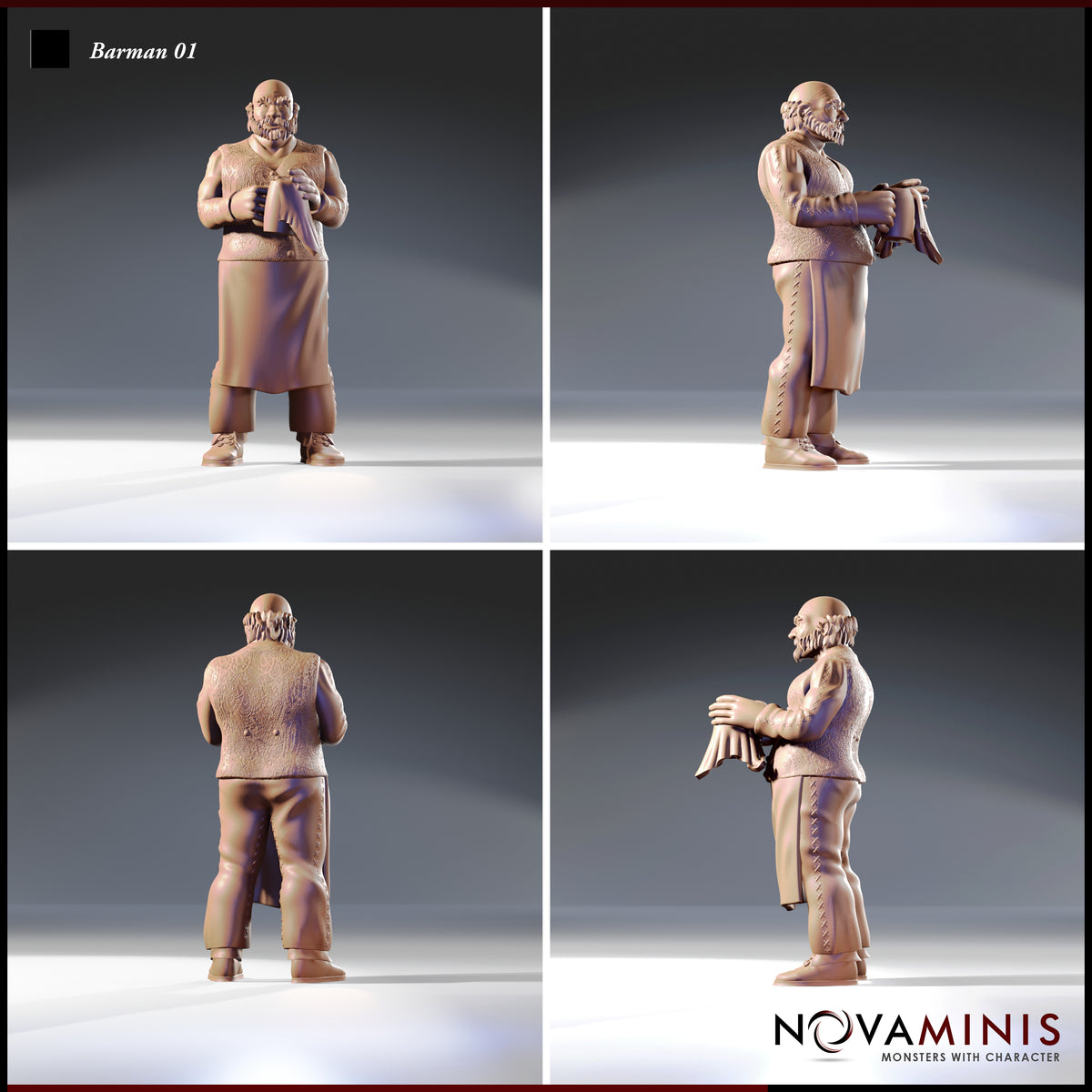 Four-angle digital render of Barman 01 by Novaminis showing front, side, rear, and opposite side views — unpainted resin miniature of a stout bald tavern barman in apron and waistcoat with detailed stitching and woven texture throughout
