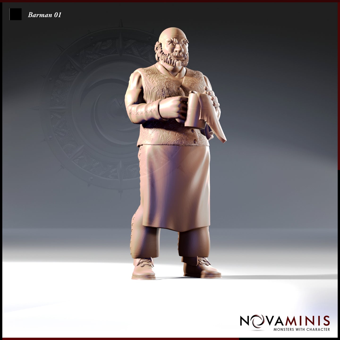 Front-facing digital render of Barman 01 by Novaminis — a bald, heavyset human male miniature in a textured waistcoat and long apron, holding a tankard and polishing cloth, shown in unprimed resin tone at 32mm scale