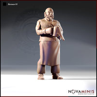 Front-facing digital render of Barman 01 by Novaminis — a bald, heavyset human male miniature in a textured waistcoat and long apron, holding a tankard and polishing cloth, shown in unprimed resin tone at 32mm scale