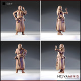 Four-angle digital render of Cook 01 by Novaminis showing front, side, back, and three-quarter views — unpainted resin human male cook miniature in long stitched apron, rope belt, and ladle raised aloft. 32mm scale tabletop miniature.