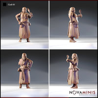 Four-angle digital render of Cook 01 by Novaminis showing front, side, back, and three-quarter views — unpainted resin human male cook miniature in long stitched apron, rope belt, and ladle raised aloft. 32mm scale tabletop miniature.