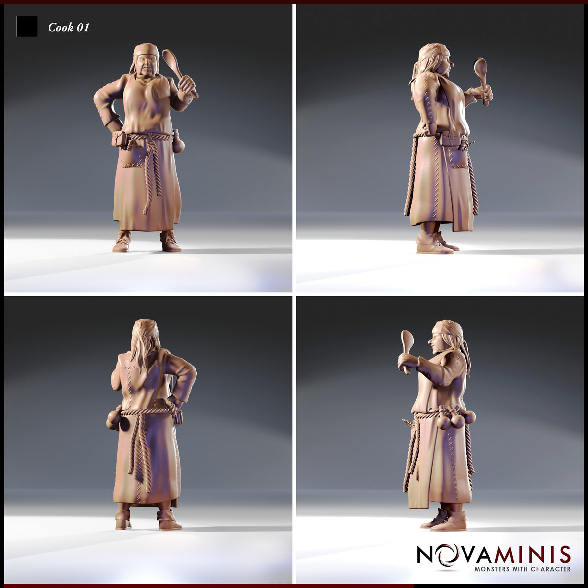 Four-angle digital render of Cook 01 by Novaminis showing front, side, back, and three-quarter views — unpainted resin human male cook miniature in long stitched apron, rope belt, and ladle raised aloft. 32mm scale tabletop miniature.