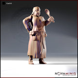 Front-facing digital render of Cook 01 by Novaminis — a stocky human male miniature in a long apron, one hand on hip, the other raised holding a wooden ladle, with a rope belt, utility pouch, and cloth head wrap. Unpainted resin, 32mm scale.