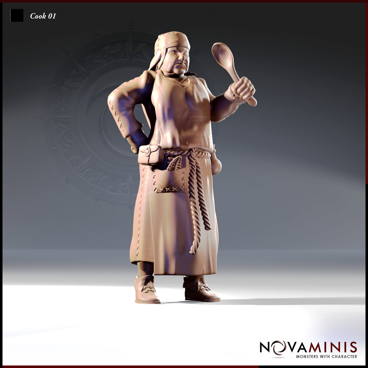 Front-facing digital render of Cook 01 by Novaminis — a stocky human male miniature in a long apron, one hand on hip, the other raised holding a wooden ladle, with a rope belt, utility pouch, and cloth head wrap. Unpainted resin, 32mm scale.