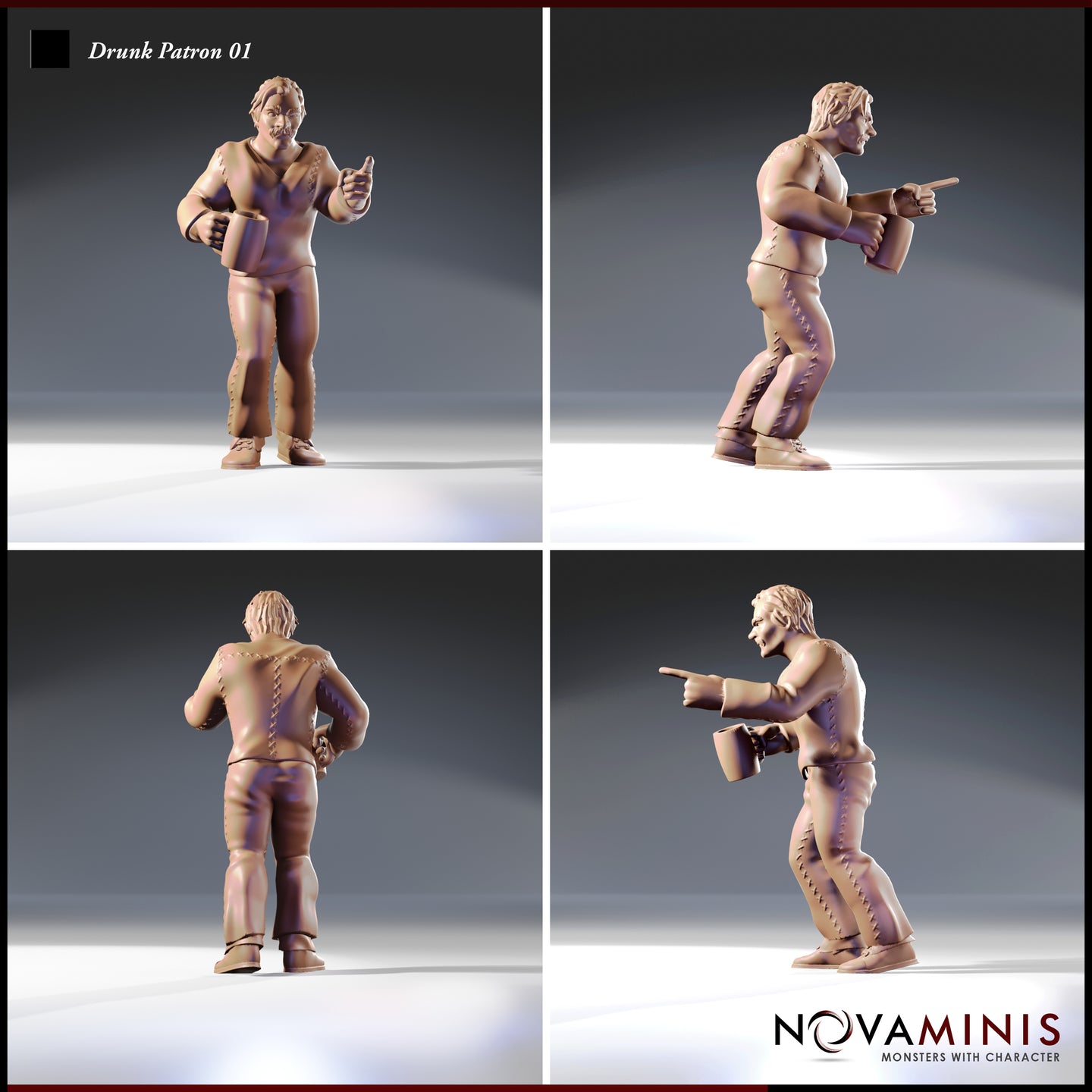 Four-angle render of Drunk Patron 01 — a stocky bare-chested male figure with a moustache, lace-up trousers, and a tankard, shown pointing accusatorially in multiple poses — 32mm D&D NPC miniature by Novaminis