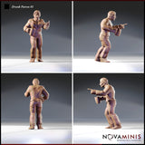 Four-angle render of Drunk Patron 01 — a stocky bare-chested male figure with a moustache, lace-up trousers, and a tankard, shown pointing accusatorially in multiple poses — 32mm D&D NPC miniature by Novaminis