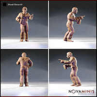Four-angle render of Drunk Patron 01 — a stocky bare-chested male figure with a moustache, lace-up trousers, and a tankard, shown pointing accusatorially in multiple poses — 32mm D&D NPC miniature by Novaminis