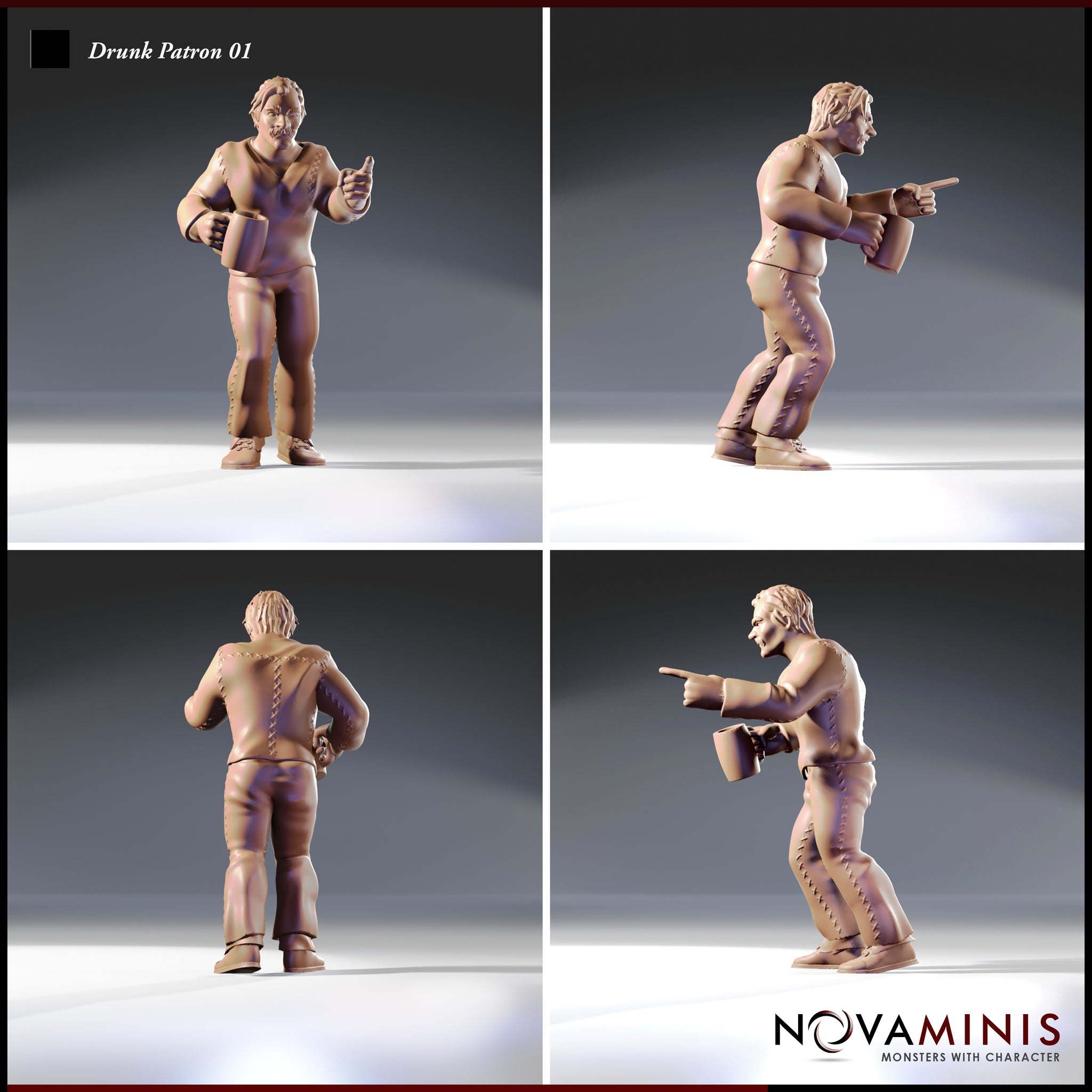 Four-angle render of Drunk Patron 01 — a stocky bare-chested male figure with a moustache, lace-up trousers, and a tankard, shown pointing accusatorially in multiple poses — 32mm D&D NPC miniature by Novaminis