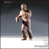 32mm unpainted resin miniature of a bare-chested male tavern patron holding a large tankard, wearing lace-up leather trousers and boots, with a confident smirk — Drunk Patron 01 by Novaminis