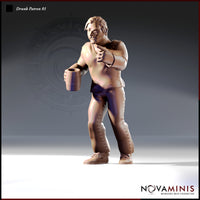 32mm unpainted resin miniature of a bare-chested male tavern patron holding a large tankard, wearing lace-up leather trousers and boots, with a confident smirk — Drunk Patron 01 by Novaminis
