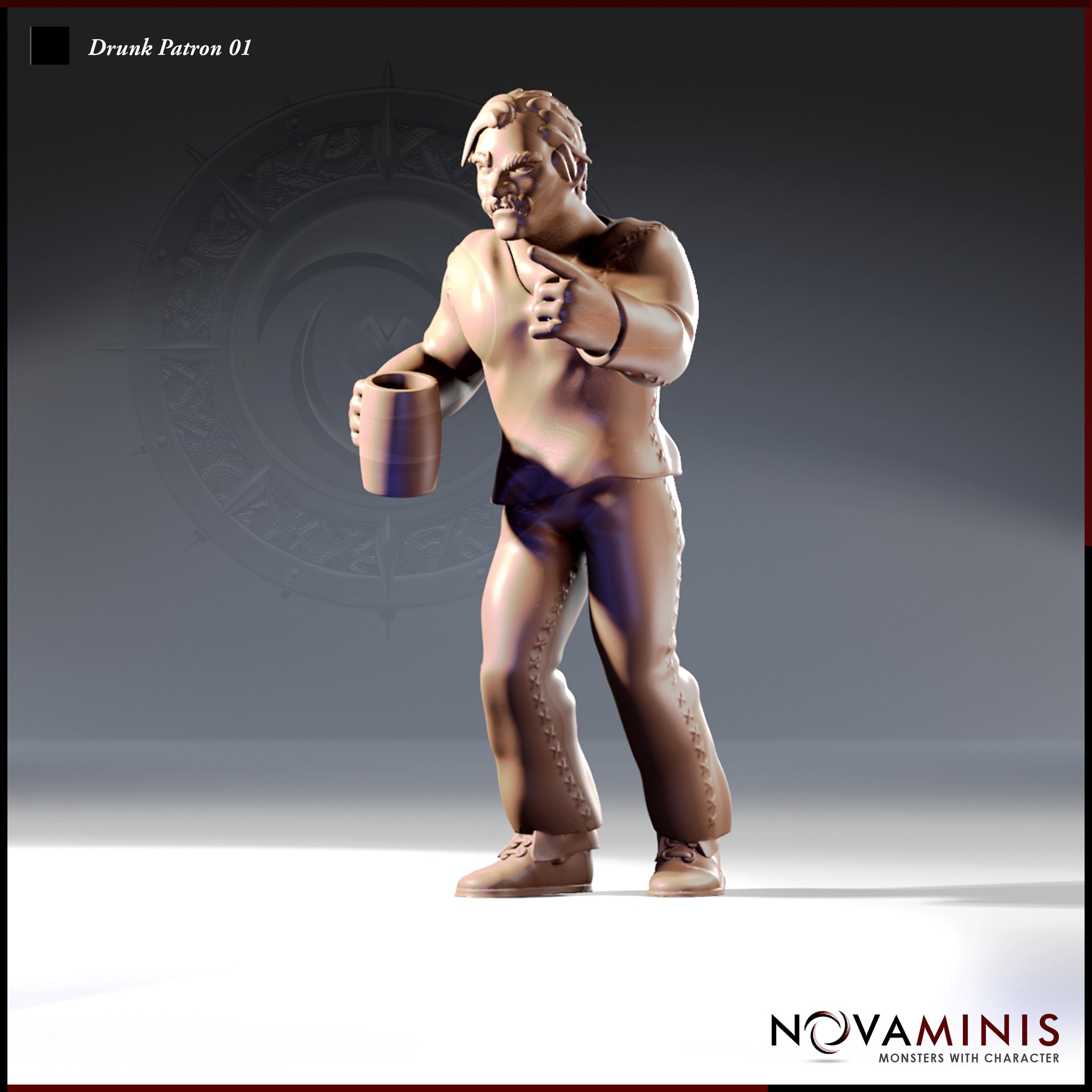 32mm unpainted resin miniature of a bare-chested male tavern patron holding a large tankard, wearing lace-up leather trousers and boots, with a confident smirk — Drunk Patron 01 by Novaminis