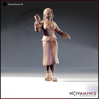 32mm unpainted resin miniature of a female tavern patron with long beaded dreadlocks, wearing a laced bodice and long skirt, holding a ceramic jug aloft with a loose swaying pose — Drunk Patron 02 by Novaminis