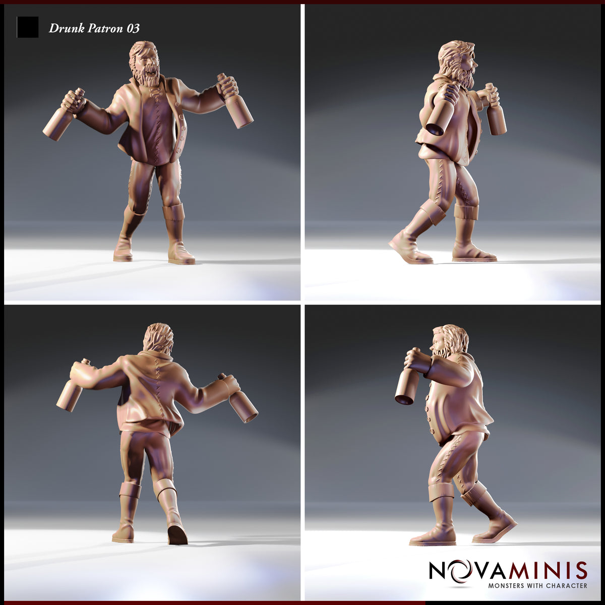 Four-angle turnaround of Drunk Patron 03 by Novaminis — unpainted resin render showing front, side, rear, and three-quarter views of a swaying bearded man clutching two bottles in a dynamic off-balance pose