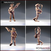 Four-angle digital render sheet showing the halfling male bard miniature from front, side, back, and opposite side. The sculpt shows detailed lute strings, textured vest, studded belt, and expressive performance pose throughout all angles. Novaminis branding visible in the corner.