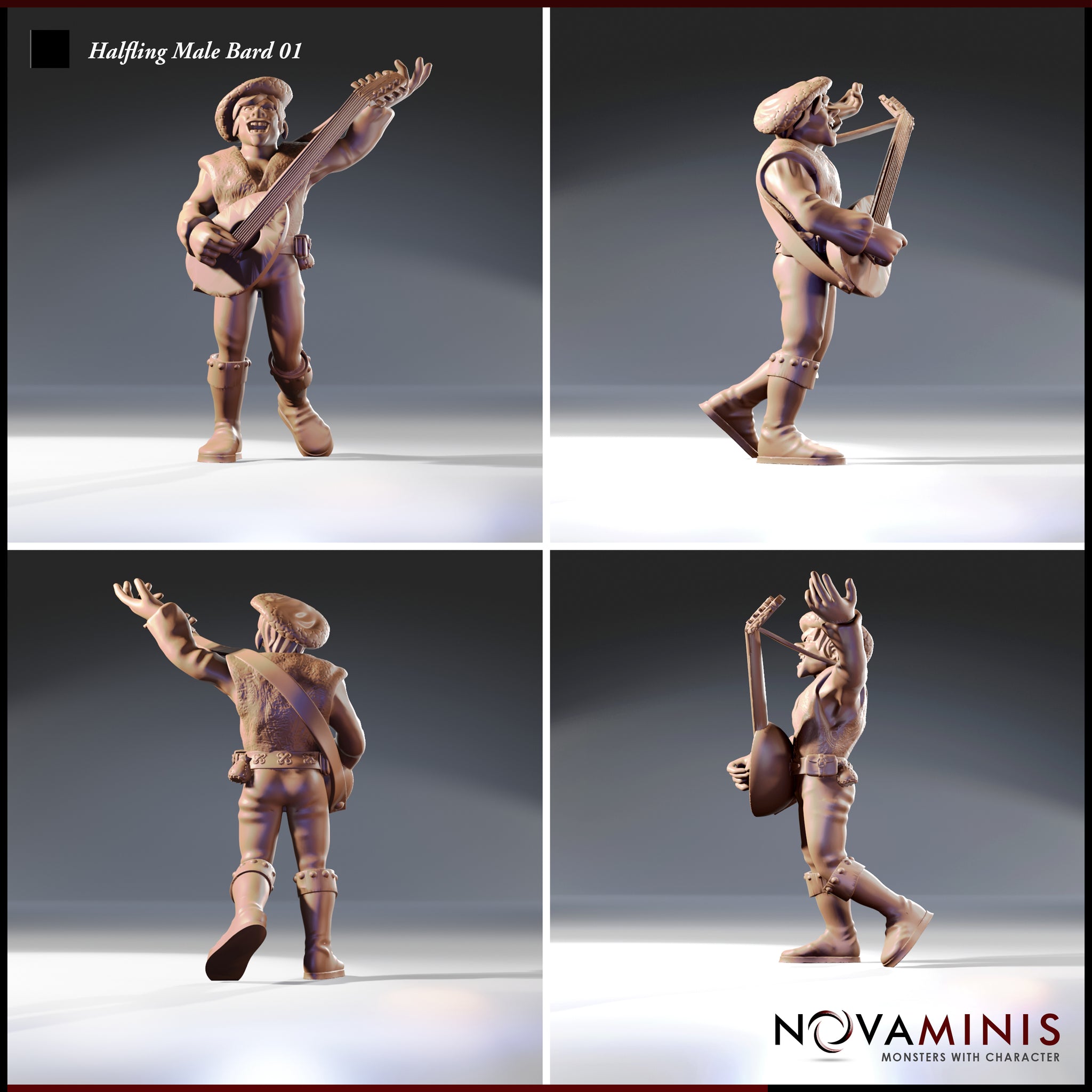Four-angle digital render sheet showing the halfling male bard miniature from front, side, back, and opposite side. The sculpt shows detailed lute strings, textured vest, studded belt, and expressive performance pose throughout all angles. Novaminis branding visible in the corner.