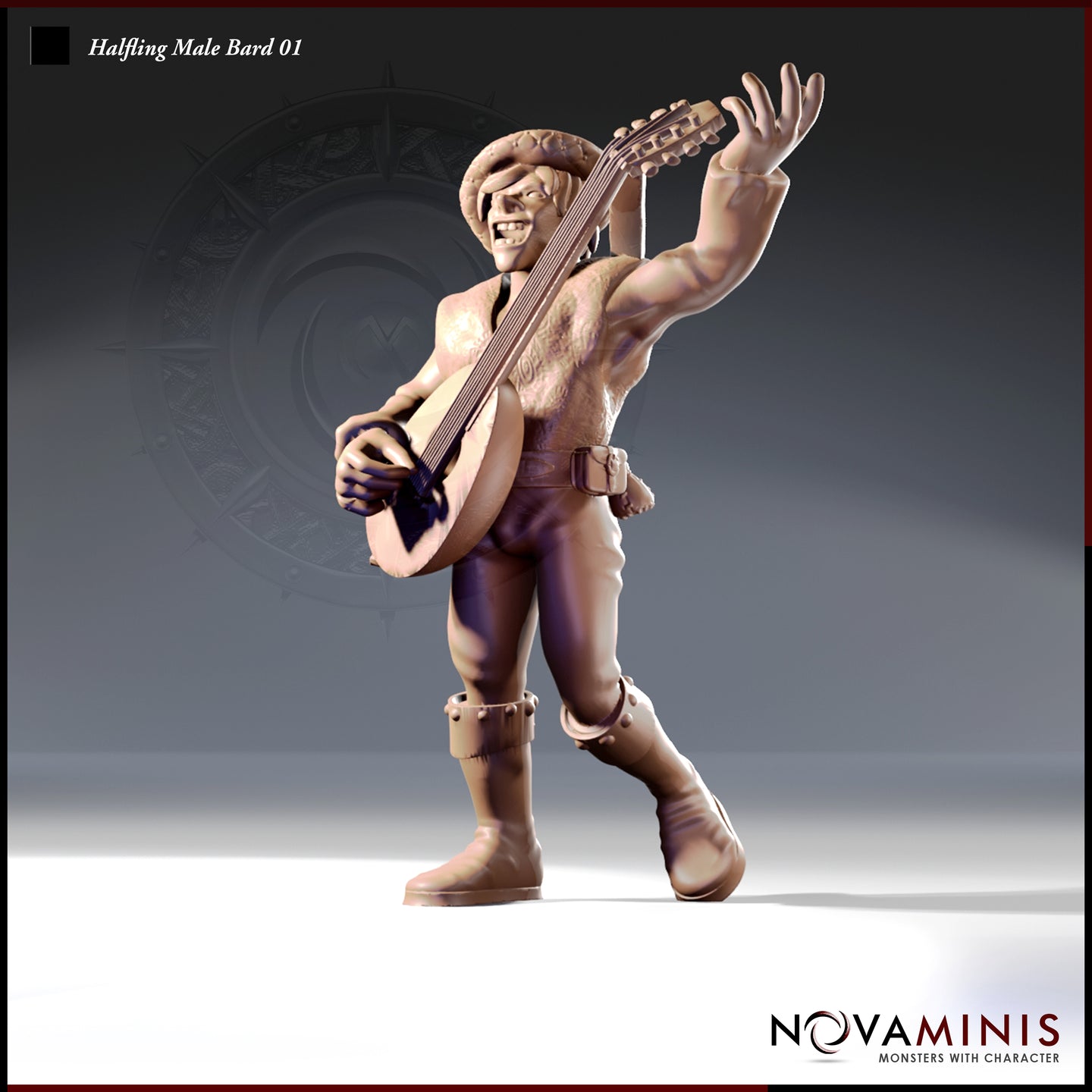 32mm scale digital render of an unpainted halfling male bard miniature, posed mid-performance with a lute raised in one hand and the other arm flung wide. He wears a wide-brimmed hat, an unlaced fur-lined vest, a studded belt, and buckled boots, with an open-mouthed grin. Front three-quarter view.