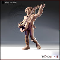 32mm scale digital render of an unpainted halfling male bard miniature, posed mid-performance with a lute raised in one hand and the other arm flung wide. He wears a wide-brimmed hat, an unlaced fur-lined vest, a studded belt, and buckled boots, with an open-mouthed grin. Front three-quarter view.