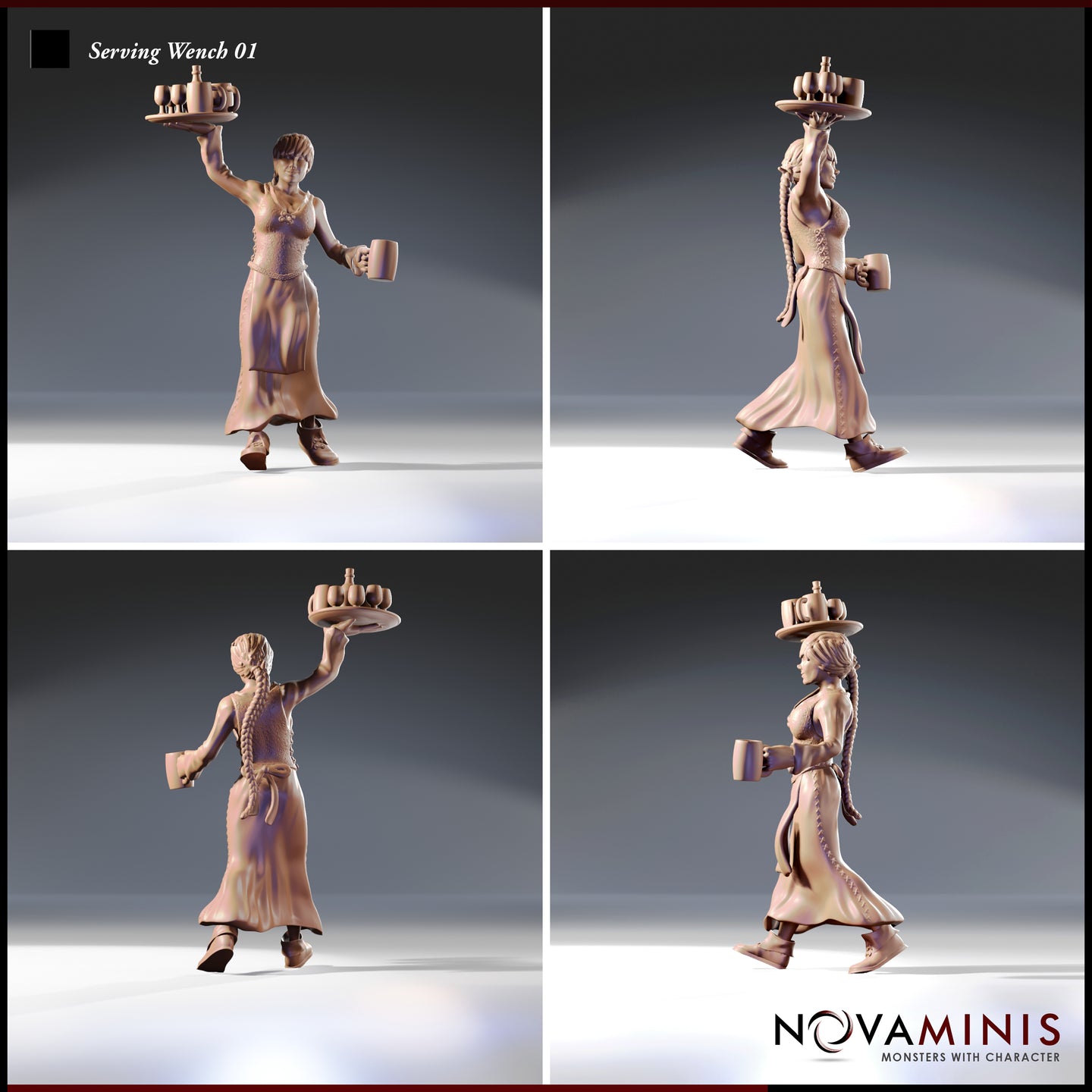Four-angle view of unpainted 32mm Serving Wench 01 resin miniature by Novaminis, showing short-haired and long braided head variants, tray of drinks aloft, fabric and belt detail visible from front, side and rear