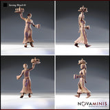 Four-angle view of unpainted 32mm Serving Wench 01 resin miniature by Novaminis, showing short-haired and long braided head variants, tray of drinks aloft, fabric and belt detail visible from front, side and rear