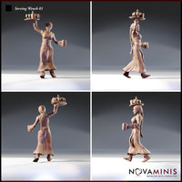 Four-angle view of unpainted 32mm Serving Wench 01 resin miniature by Novaminis, showing short-haired and long braided head variants, tray of drinks aloft, fabric and belt detail visible from front, side and rear