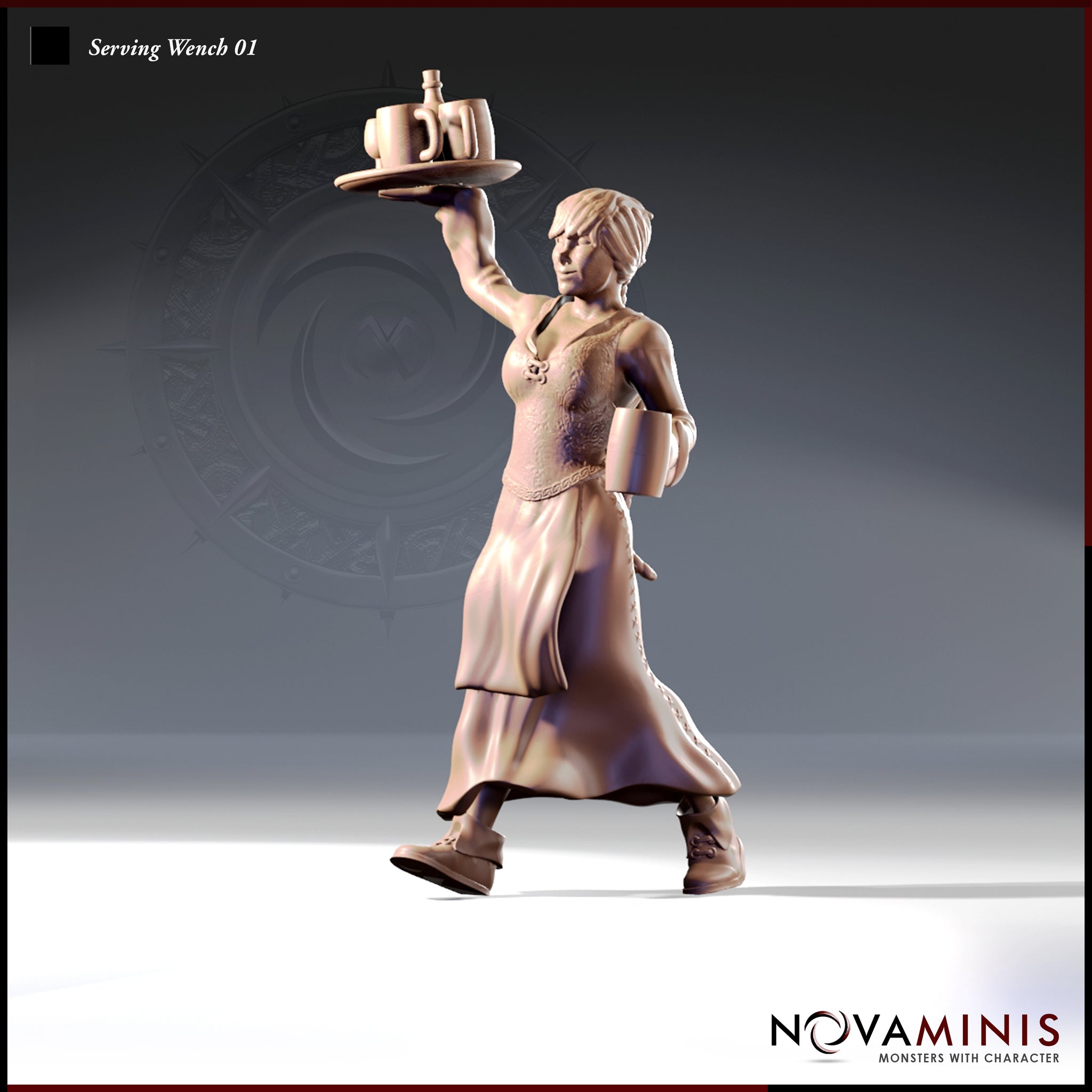 32mm unpainted resin miniature of a tavern serving woman mid-stride, right arm raised holding a loaded tray with tankards and a jug, left hand gripping a single mug, wearing a layered skirt, corset bodice and boots — Serving Wench 01 by Novaminis