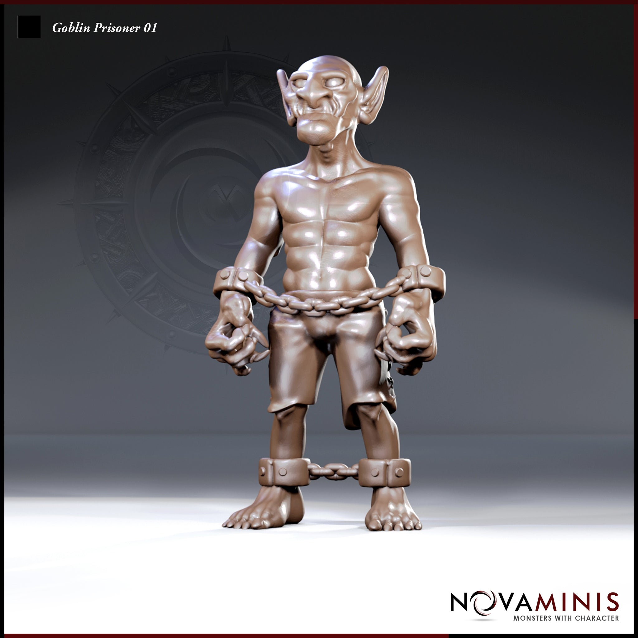 Muscular shackled goblin standing upright, wrists bound by a heavy chain between metal manacles, wearing ragged breeches with ankle shackles. Large pointed ears, heavy brow, blank pale eyes. Sculpt by Novaminis.