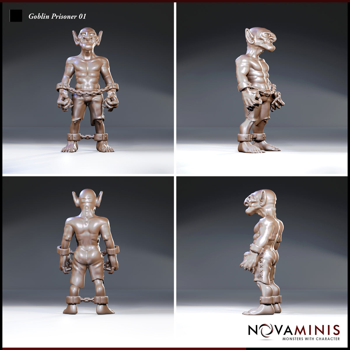 Shackled goblin shown from four angles — front, rear, and both sides — revealing chained wrists and ankles, bare muscular torso, ragged breeches, and large pointed ears with a grimacing expression. Sculpt by Novaminis.