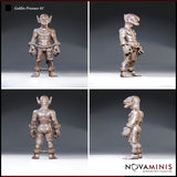 Shackled goblin shown from four angles — front, rear, and both sides — revealing chained wrists and ankles, bare muscular torso, ragged breeches, and large pointed ears with a grimacing expression. Sculpt by Novaminis.