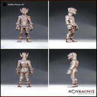 Shackled goblin shown from four angles — front, rear, and both sides — revealing chained wrists and ankles, bare muscular torso, ragged breeches, and large pointed ears with a grimacing expression. Sculpt by Novaminis.