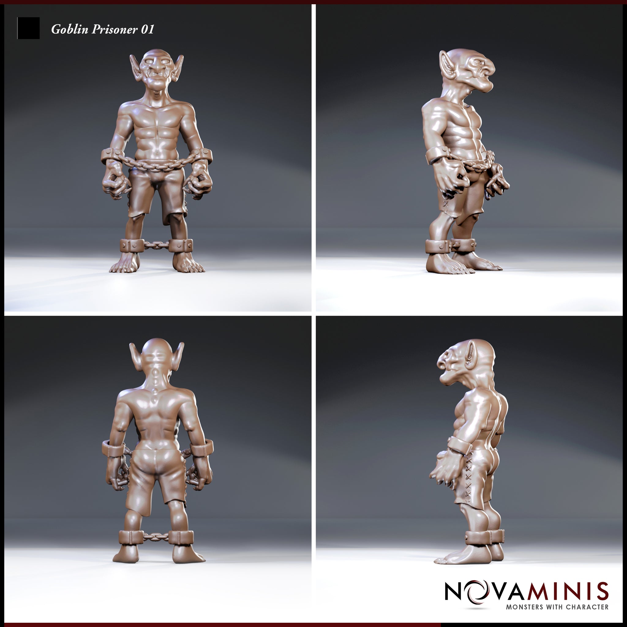 Shackled goblin shown from four angles — front, rear, and both sides — revealing chained wrists and ankles, bare muscular torso, ragged breeches, and large pointed ears with a grimacing expression. Sculpt by Novaminis.
