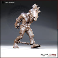 Muscular goblin with mohawk and ankle chain, wrists in manacles, hunched forward with a scowling expression, wearing cross-laced leather breeches. Sculpt by Novaminis.